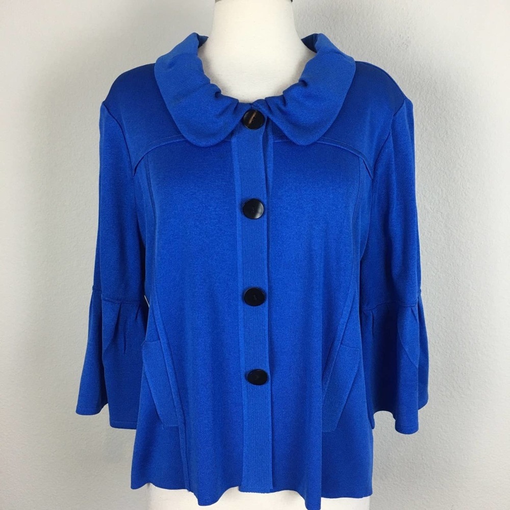 Ming Wang Blue Knit Button Front Top Large
